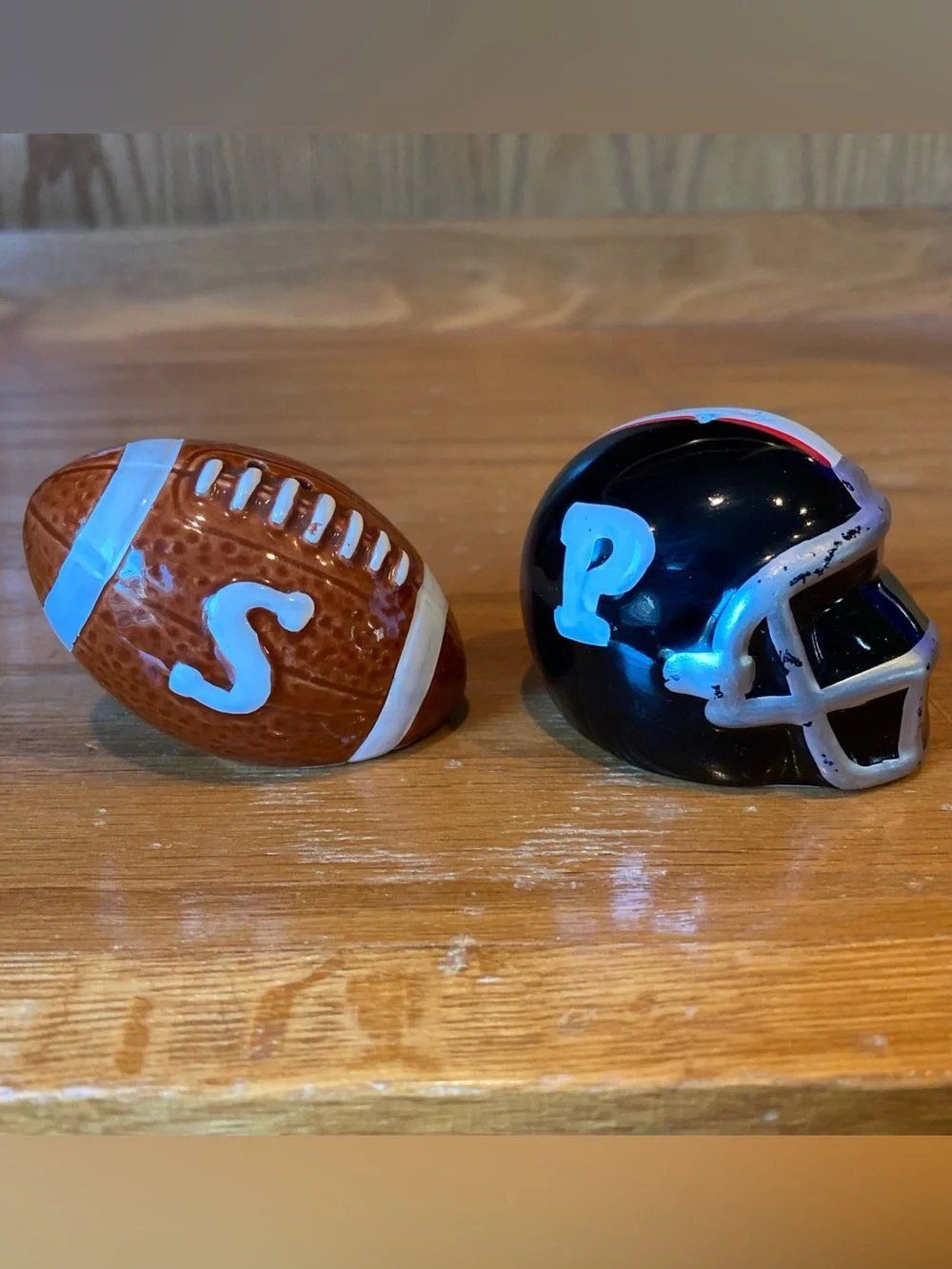 Enesco Vintage Football Ball & Helmet Salt and Pepper Shakers Ceramic